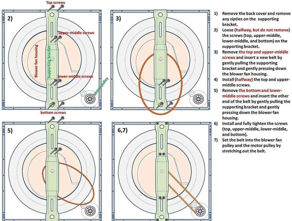 Dryer blower fan belt installation diagram showing loop routing steps