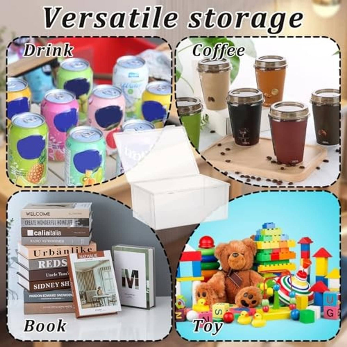 Clear plastic storage box with hinged lid, shown for multipurpose organization