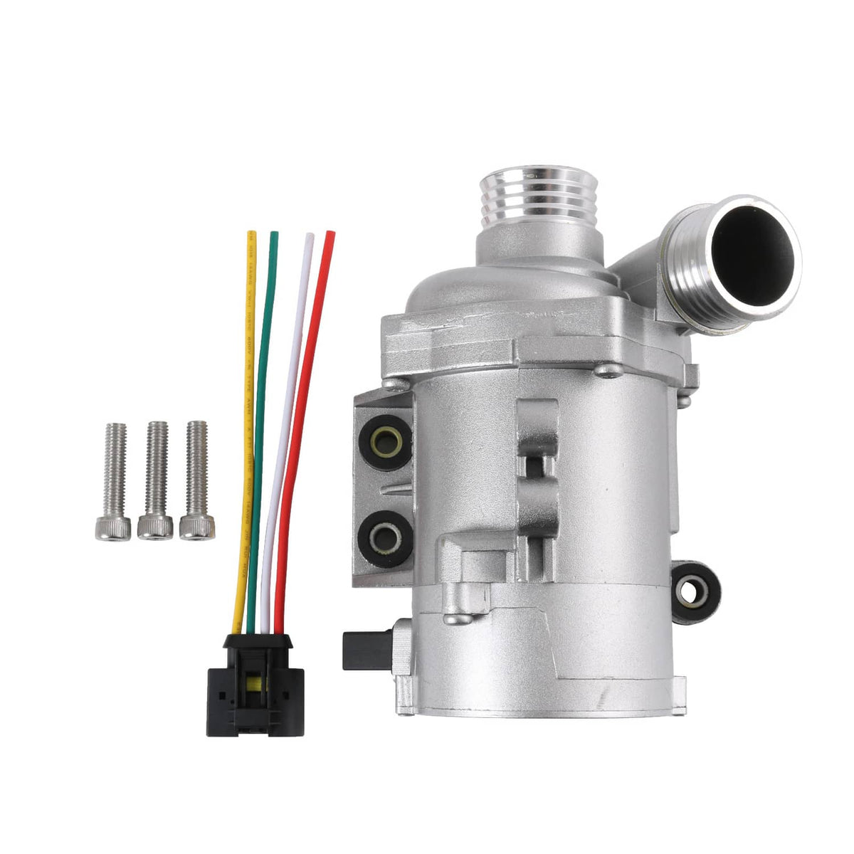 Silver electric water pump with threaded port, wiring leads, and included mounting bolts