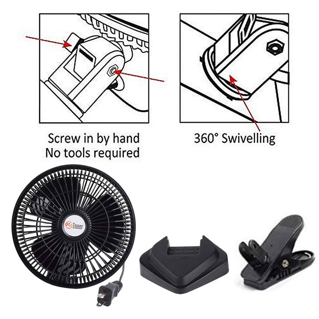 Black clip-on desk fan with secure clamp and 360° swiveling head, close-up view.