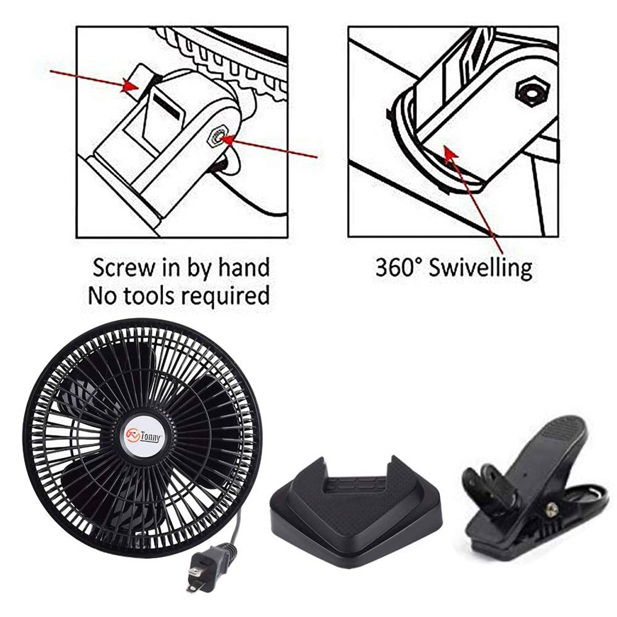 Black clip-on desk fan with secure clamp and 360° swiveling head, close-up view.