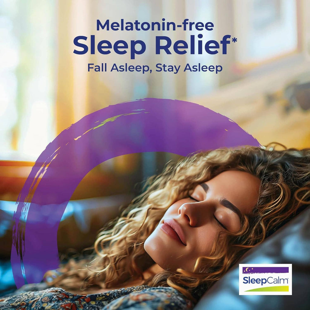 Melatonin-free sleep relief tablet package with seated sleep relief branding and icon