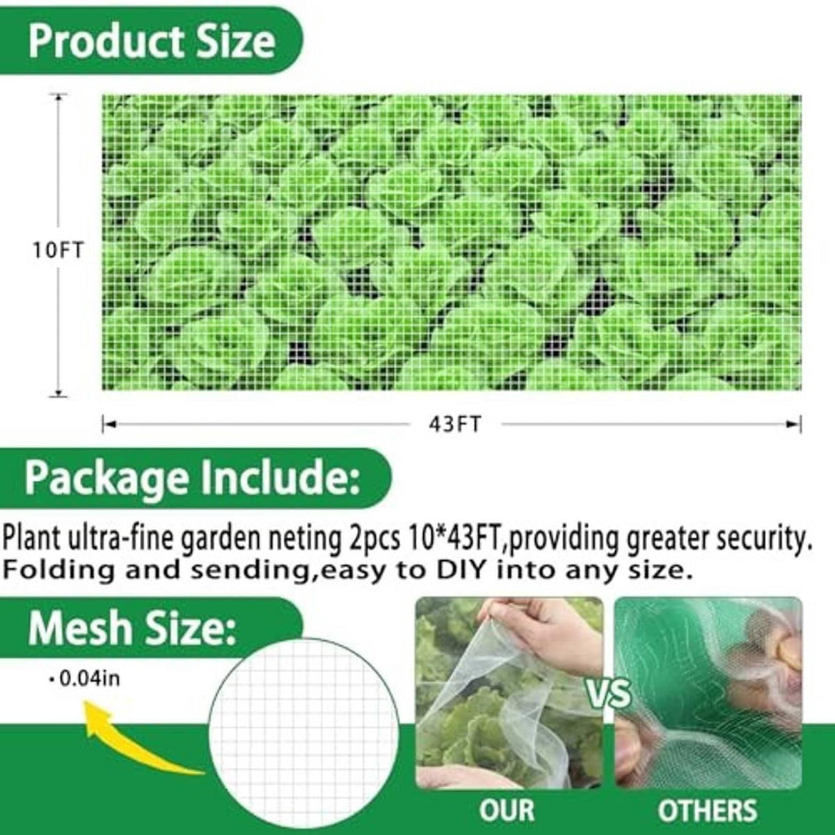 Green mesh netting grid panel with size marking, 10 ft by 43 ft
