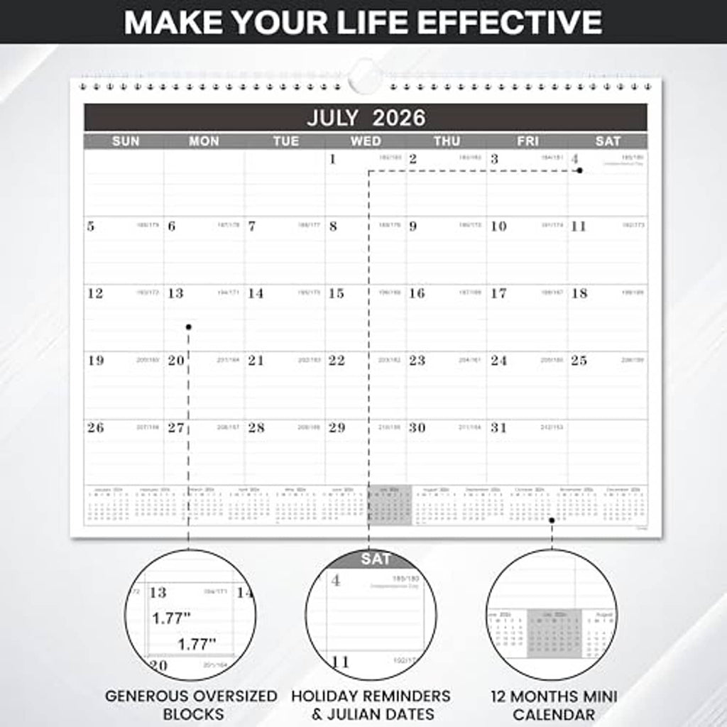 Wall calendar display with July 2026 grid and labeled example features below