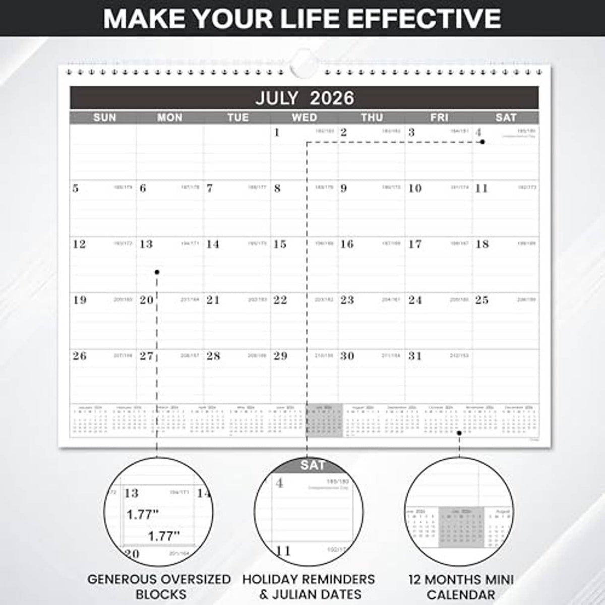 Wall calendar display with July 2026 grid and labeled example features below