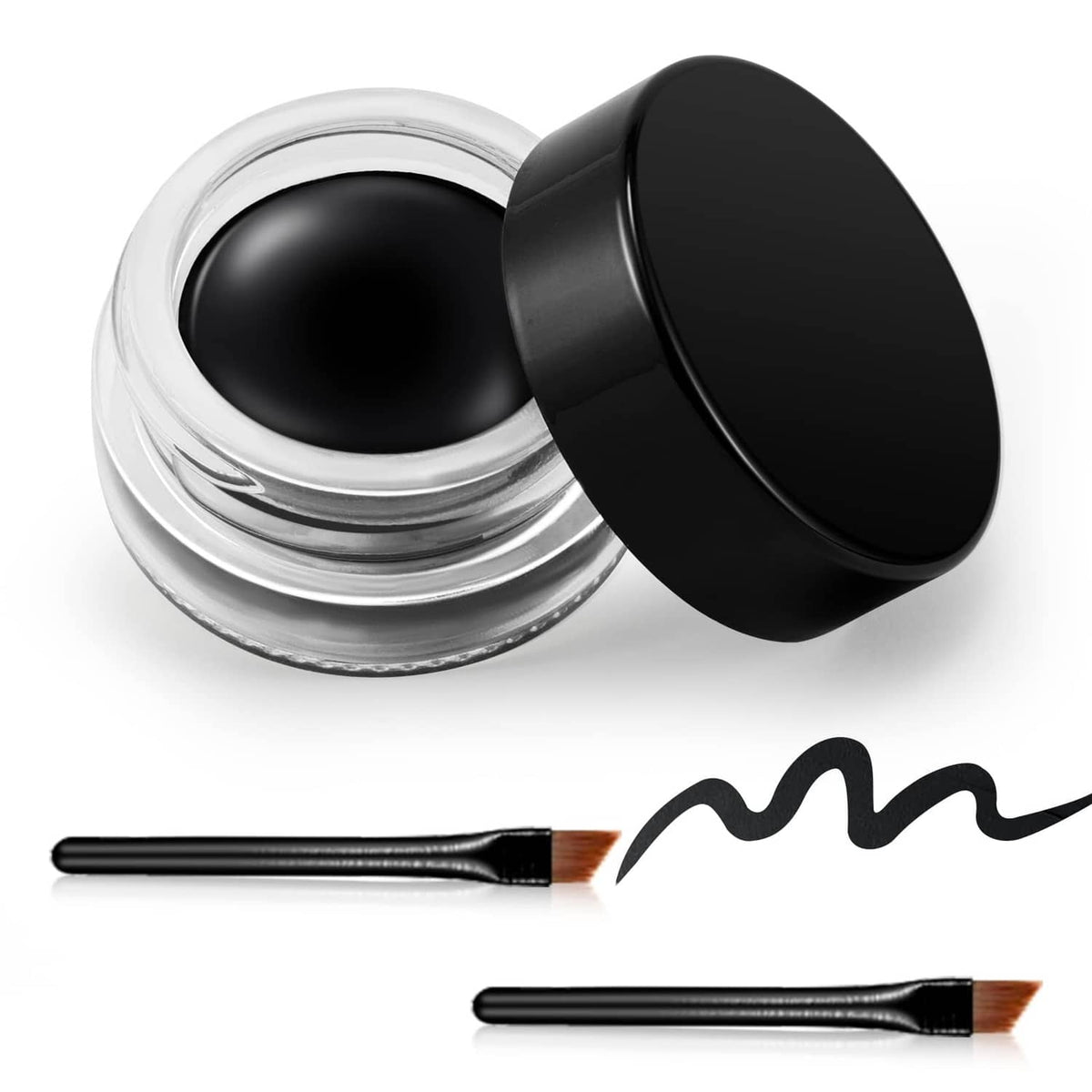 Black waterproof gel eyeliner in open jar with matching brush applicator