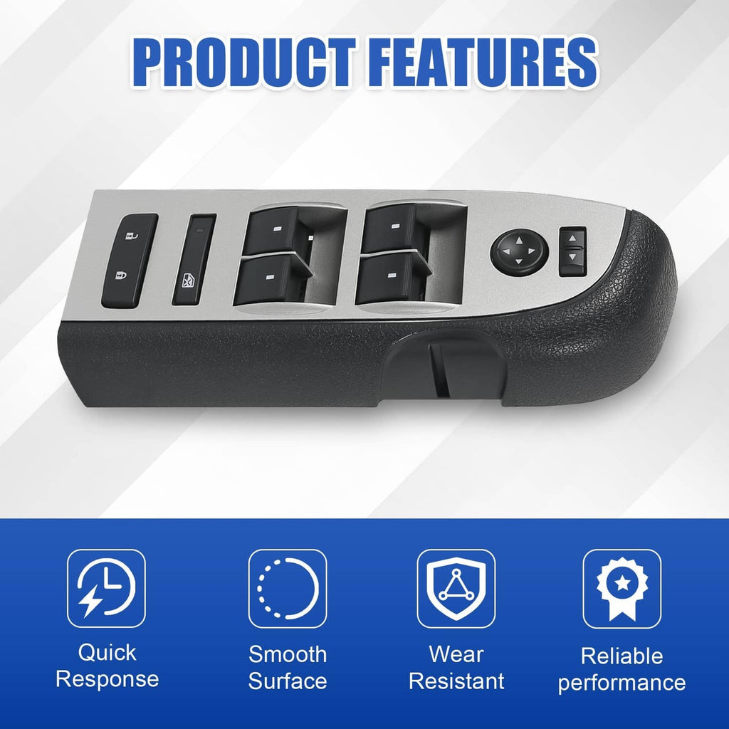 Power window switch with black bezel, side buttons and window lock controls, close-up