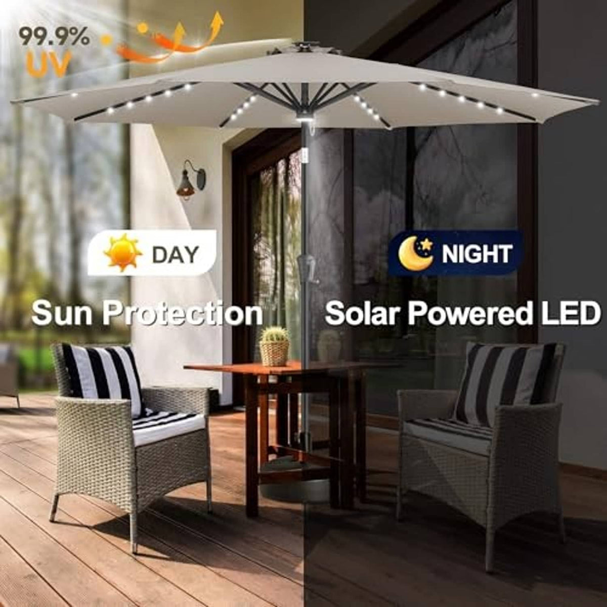 Taupe 9 ft patio umbrella with built-in solar LED glow for night lighting