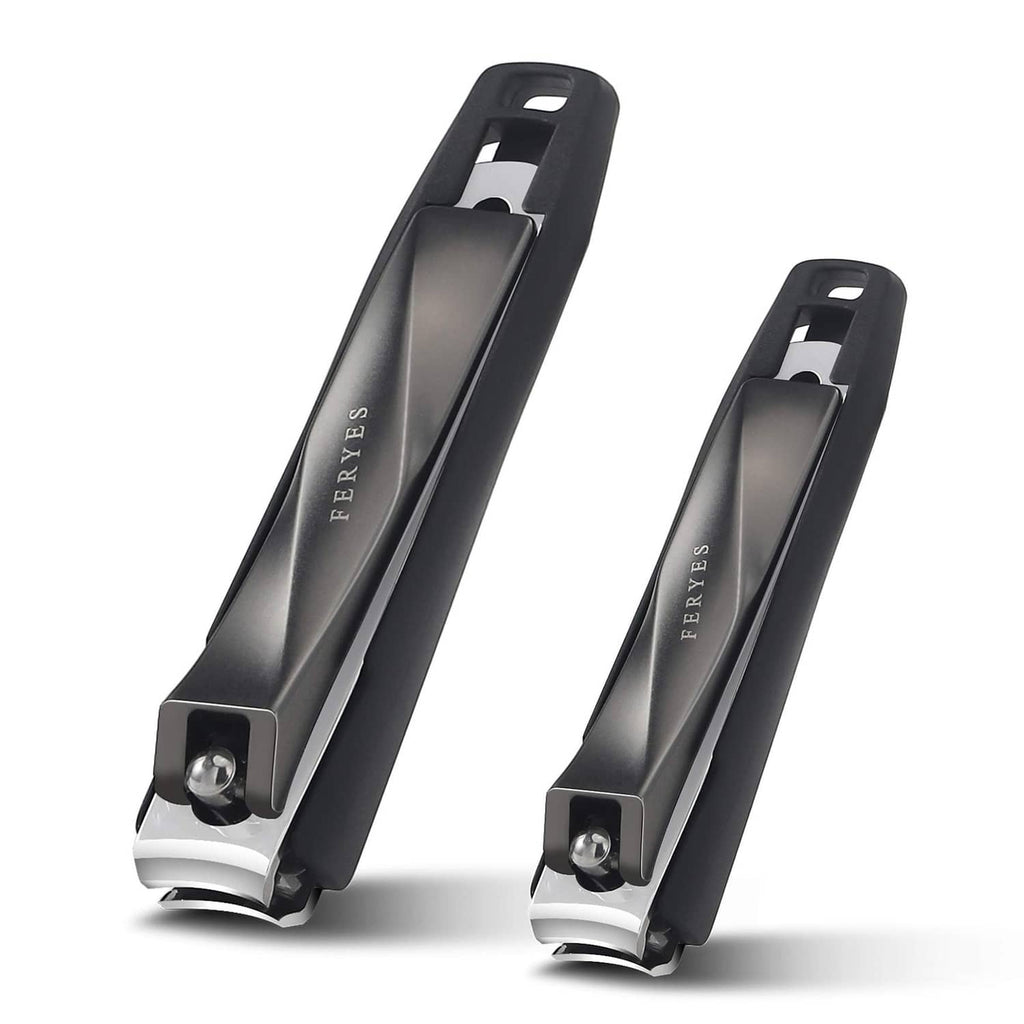 Black nail clipper set with FERYES print, silver cutting heads, and hanging loop handles
