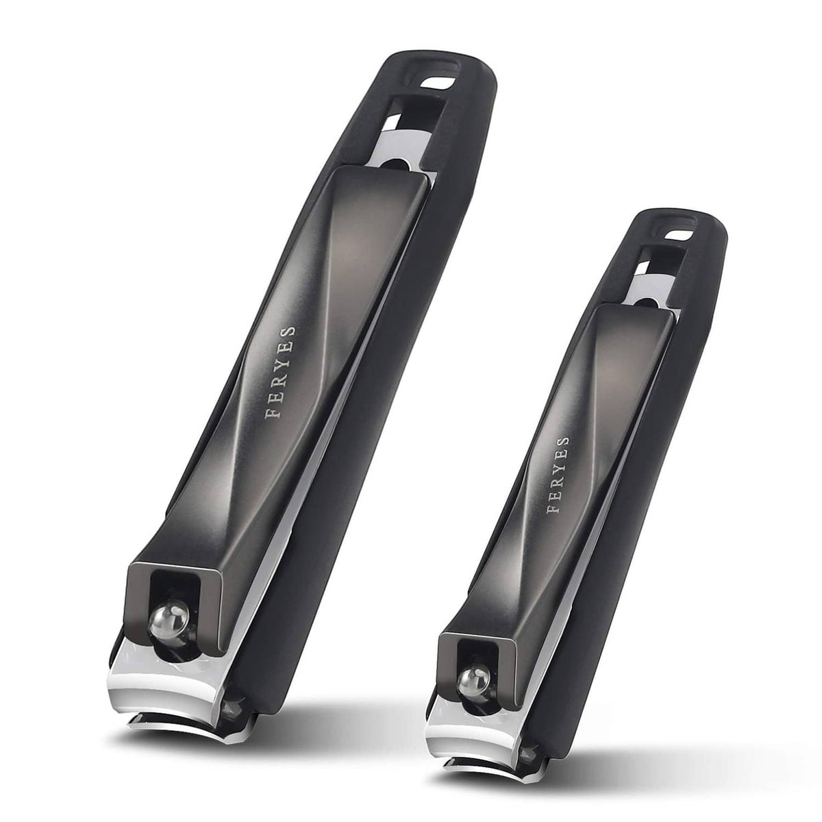 Black nail clipper set with FERYES print, silver cutting heads, and hanging loop handles