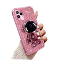 Rose gold glitter phone case with astronaut kickstand and lanyard, camera cutouts