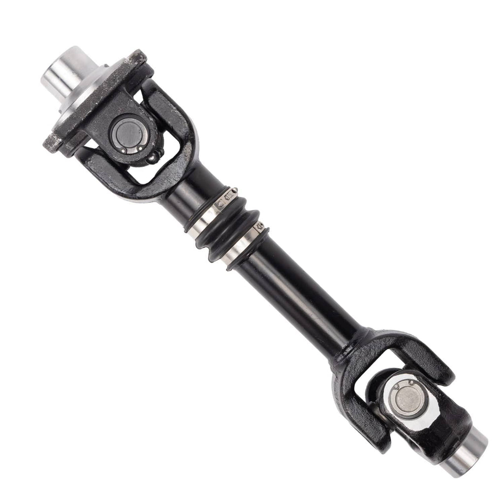 Rear prop shaft with black yoke end, silver bearing, and cross-shaft coupler