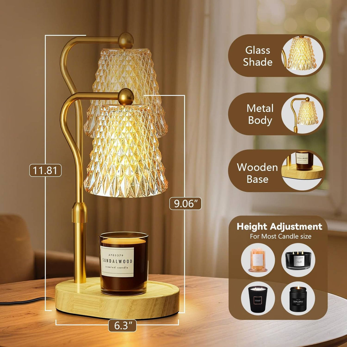 Amber-gold candle warmer lamp with glass shade, metal body, and wooden base