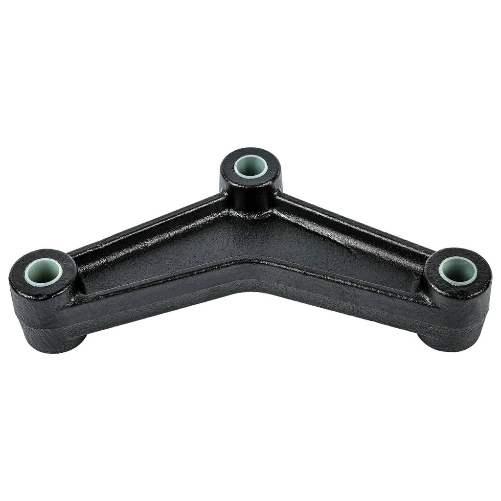 Black leaf spring hanger U-link close-up with three bushing ends