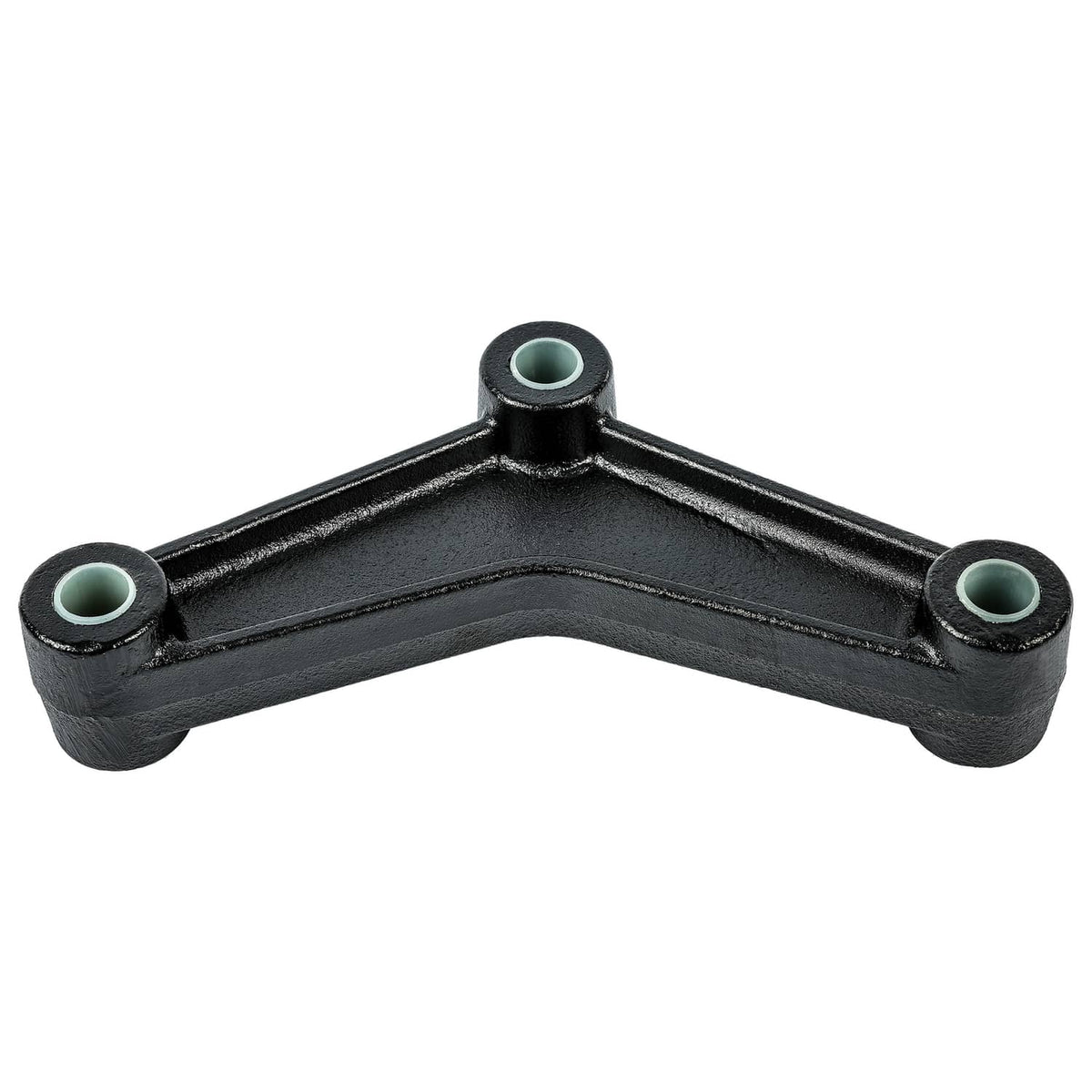 Black leaf spring hanger U-link close-up with three bushing ends