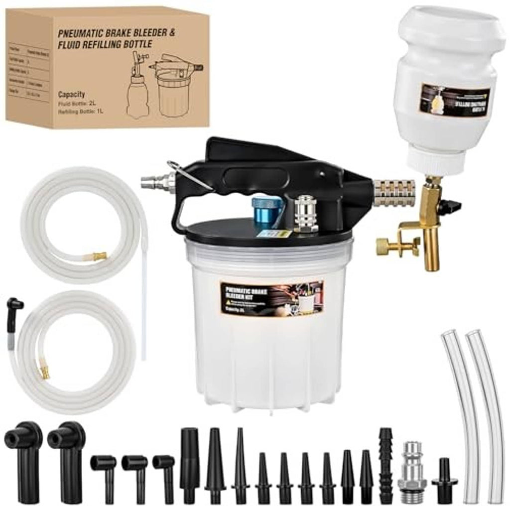 Brake vacuum bleeder kit with reservoir, trigger pump, brass valves, multiple black adapters and hoses