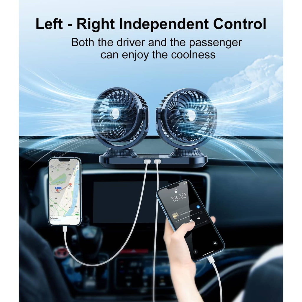 Dual-head car dashboard fan with independent left-right control for each fan head