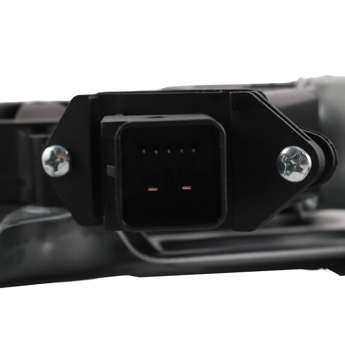 Black electrical connector on window regulator motor assembly with pins