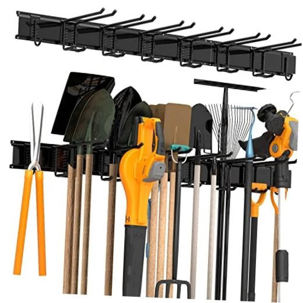 Wall-mounted garage storage rack with black three-panel row of hooks