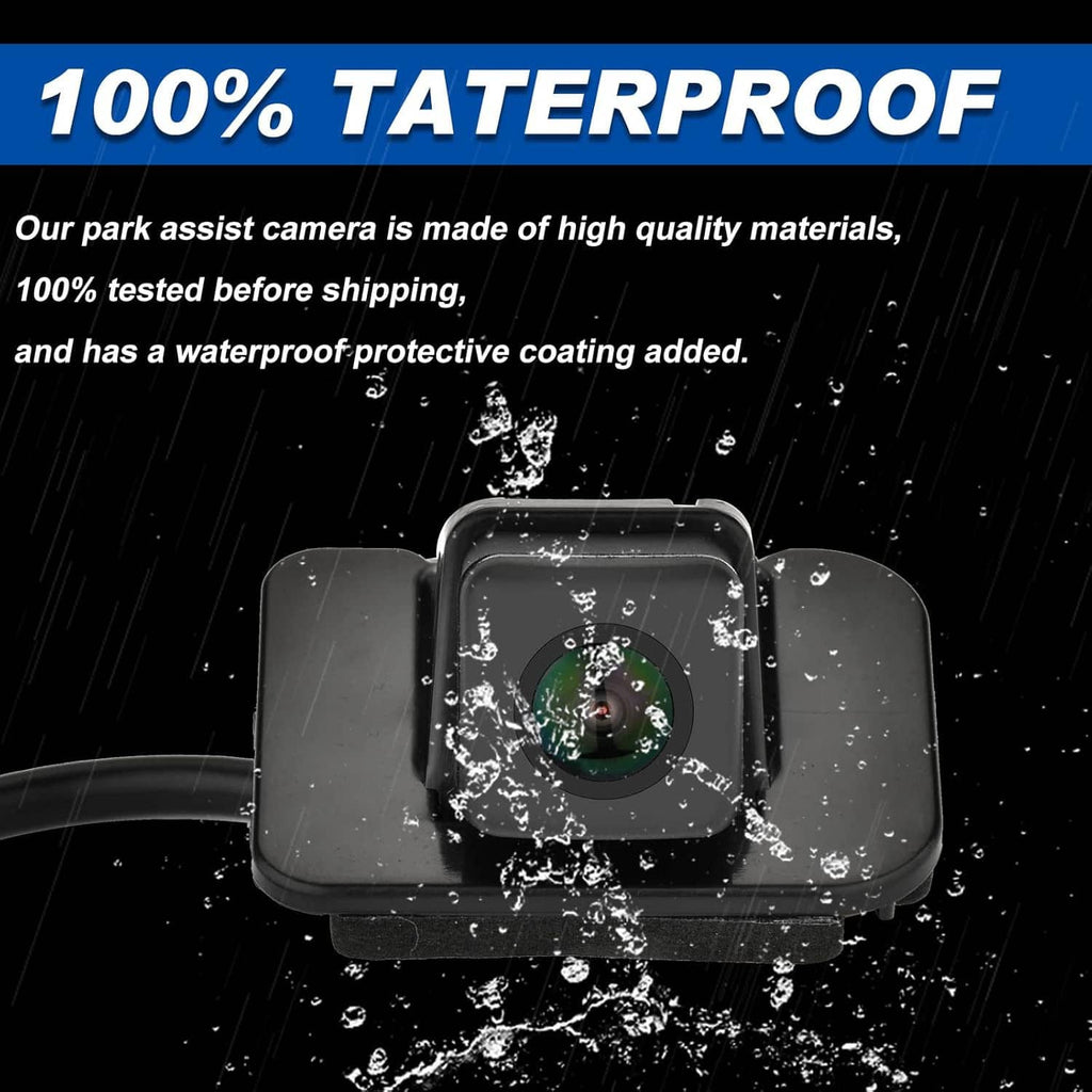 Water-resistant backup camera with lens in black protective housing