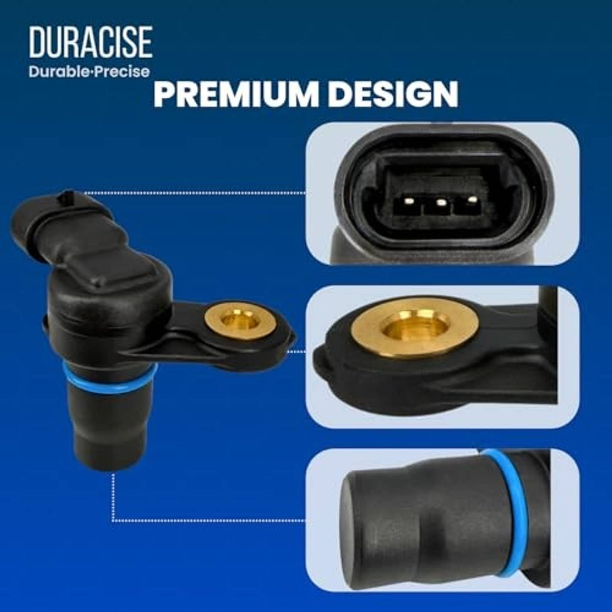 Black camshaft position sensor with electrical connector and gold mounting plate