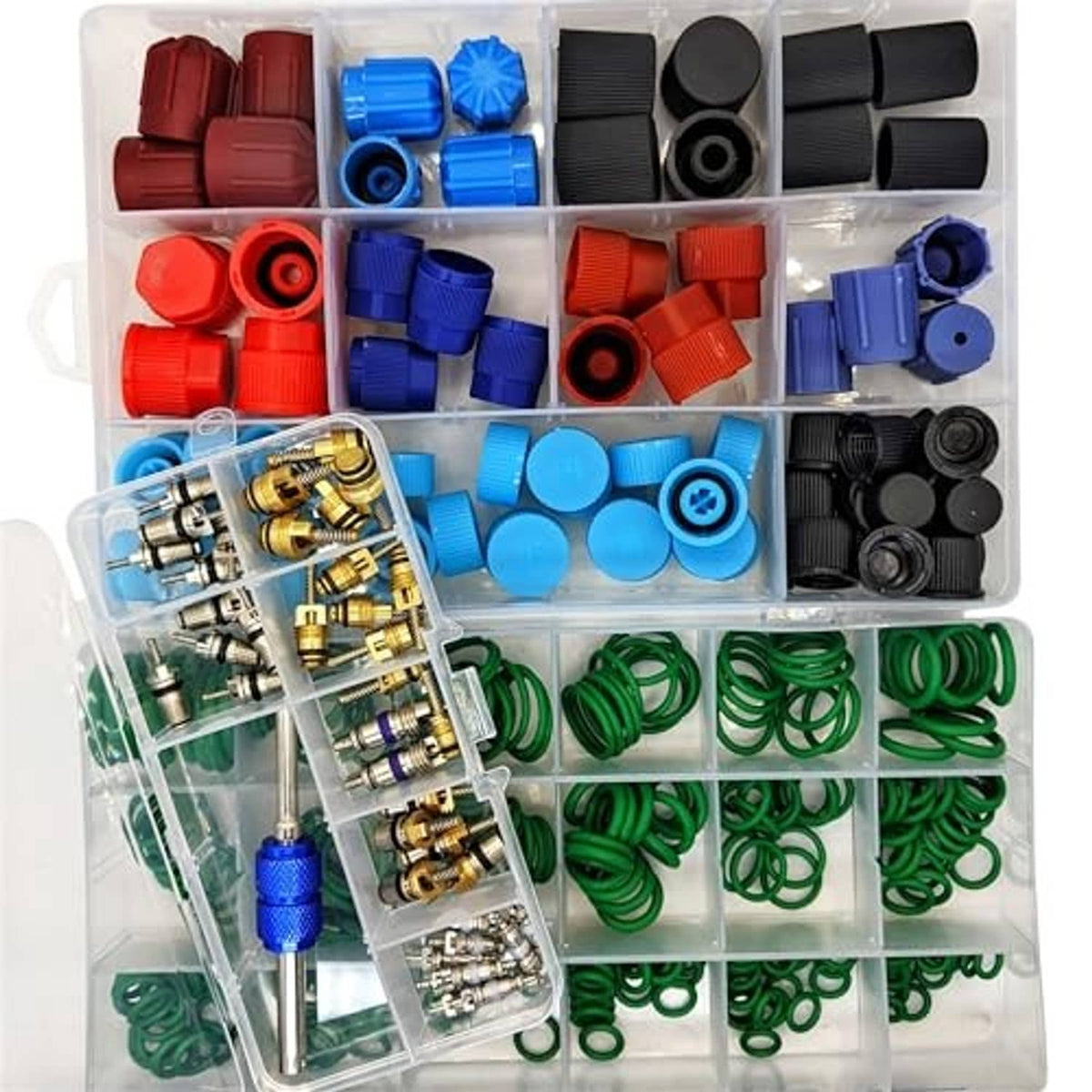 A/C valve core and dust cap assortment kit in a clear compartment storage box