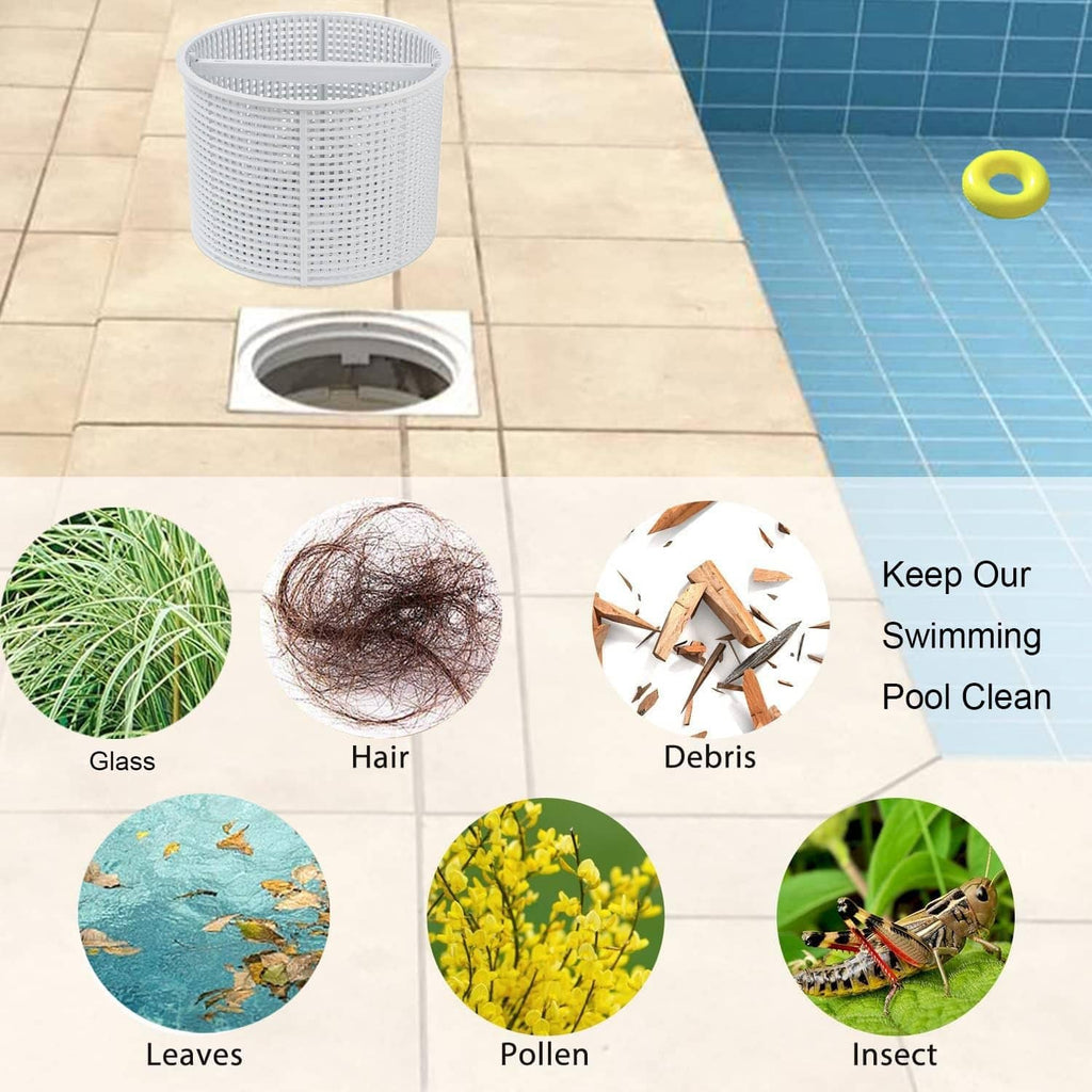 White pool skimmer basket replacement with perforated walls for debris and hair capture