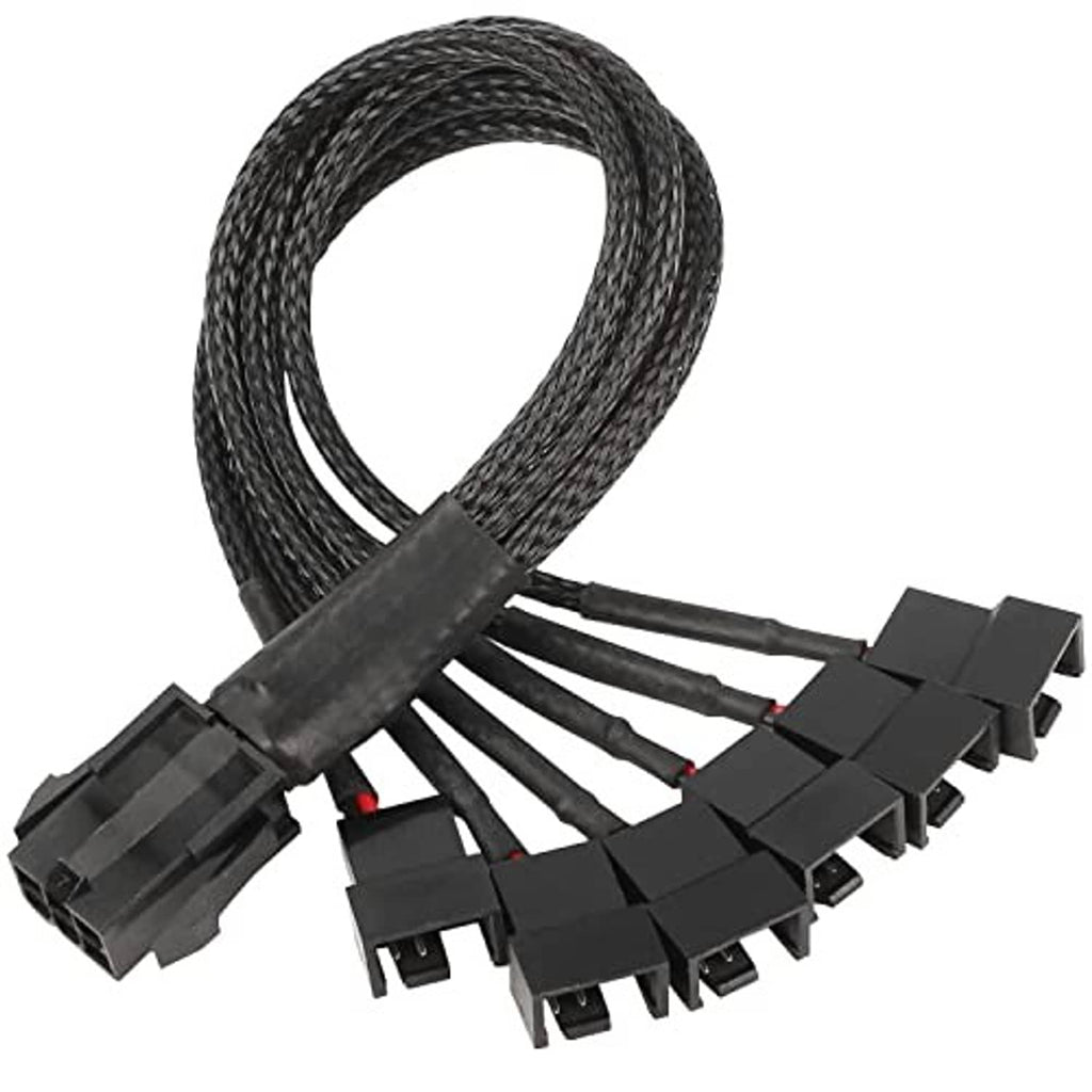 Black 6-pin to six 3/4-pin fan connector cables with braided sleeve