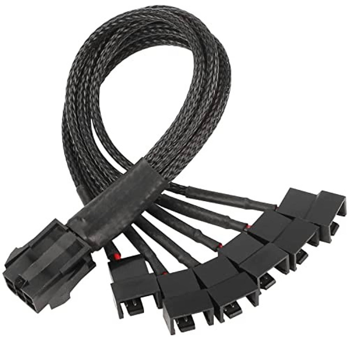 Black 6-pin to six 3/4-pin fan connector cables with braided sleeve