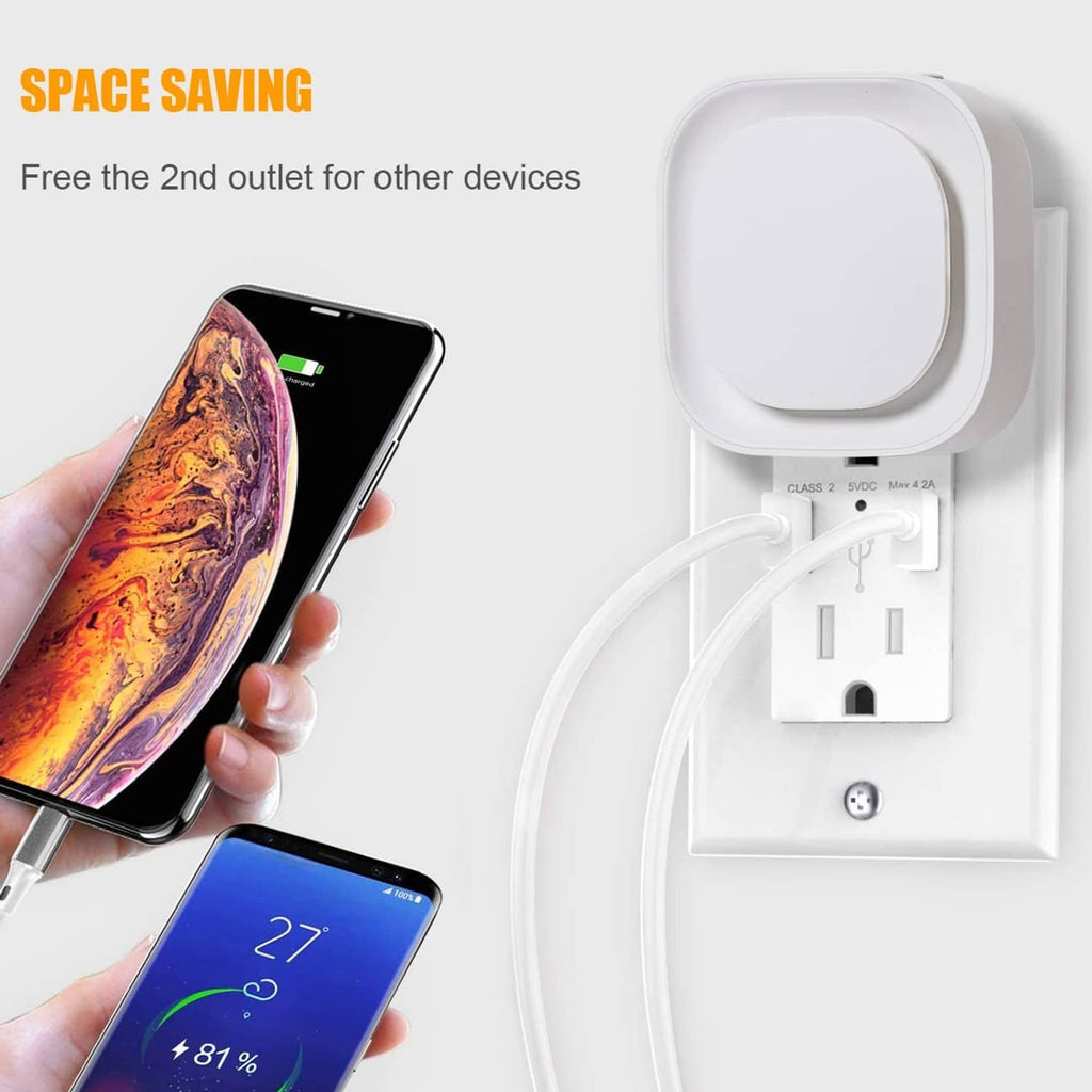 Wall plug night light with an extra outlet for charging devices alongside the light