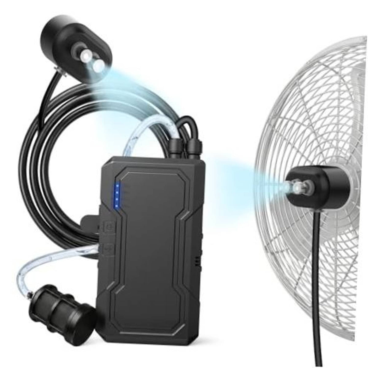Portable misting system pump with dual hose nozzles and mist fan attachment