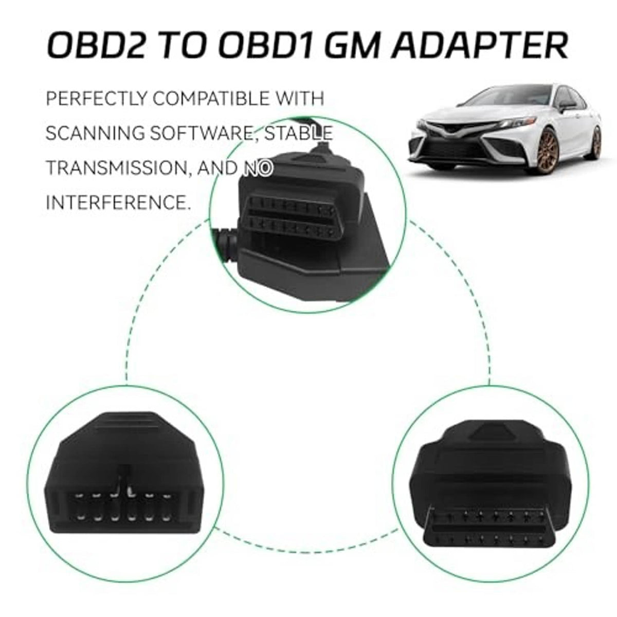 OBD1 to OBD2 GM adapter cable with black connector housings and pin rows