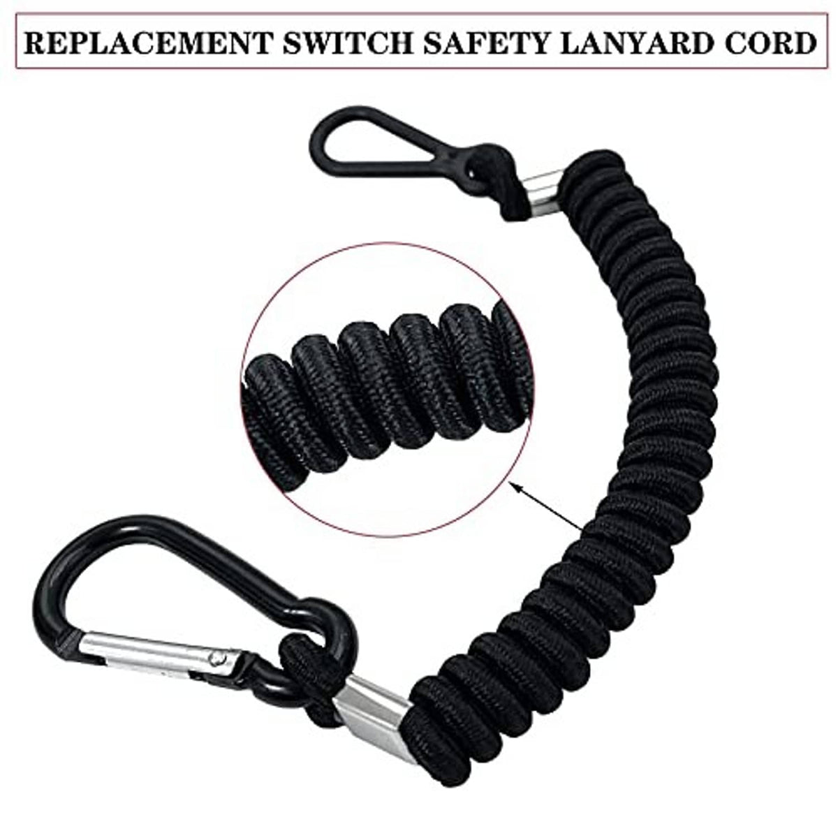 Black replacement safety lanyard cord with metal clip ends and coiled stretch section.