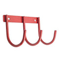 Red metal 3-hook rack with two upper hangers and a lower hook