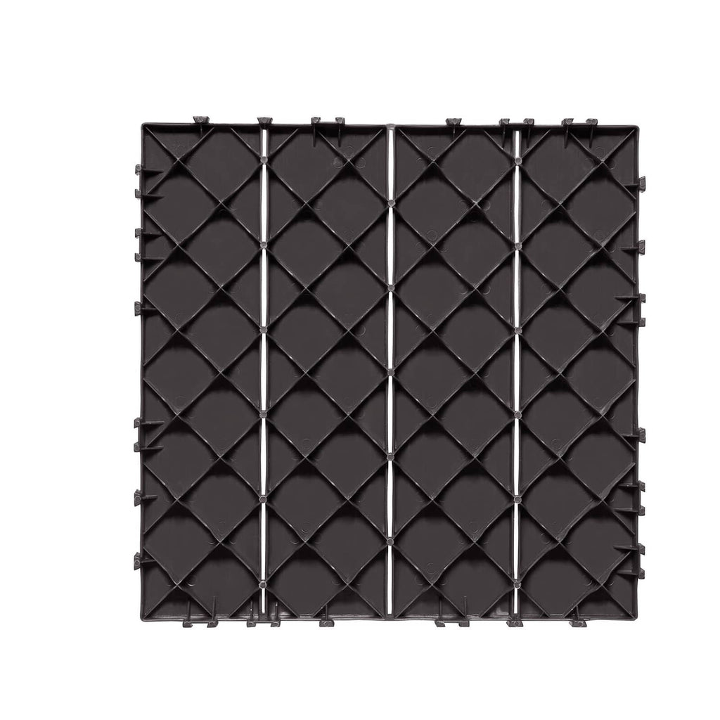 Square interlocking deck tile board with diamond embossed texture in dark gray