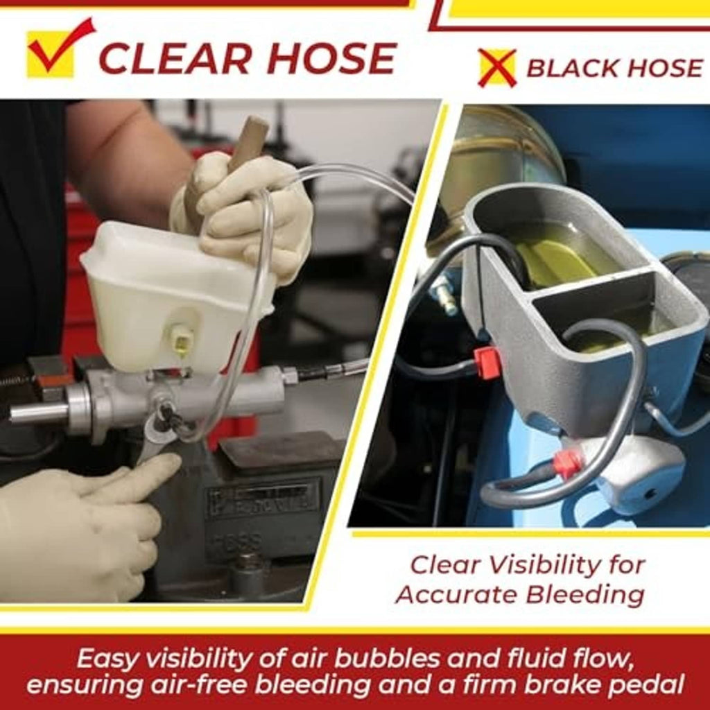 Clear bleeder hose kit with translucent line and red/yellow fittings for visible fluid and air flow