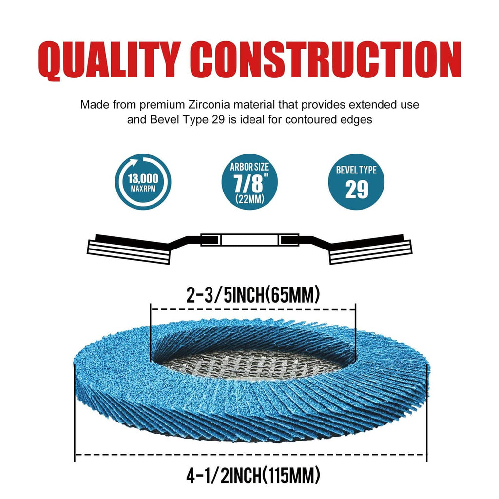 Blue flap sanding disc, 4-1/2 in diameter, 7/8 in arbor hole, 40 grit