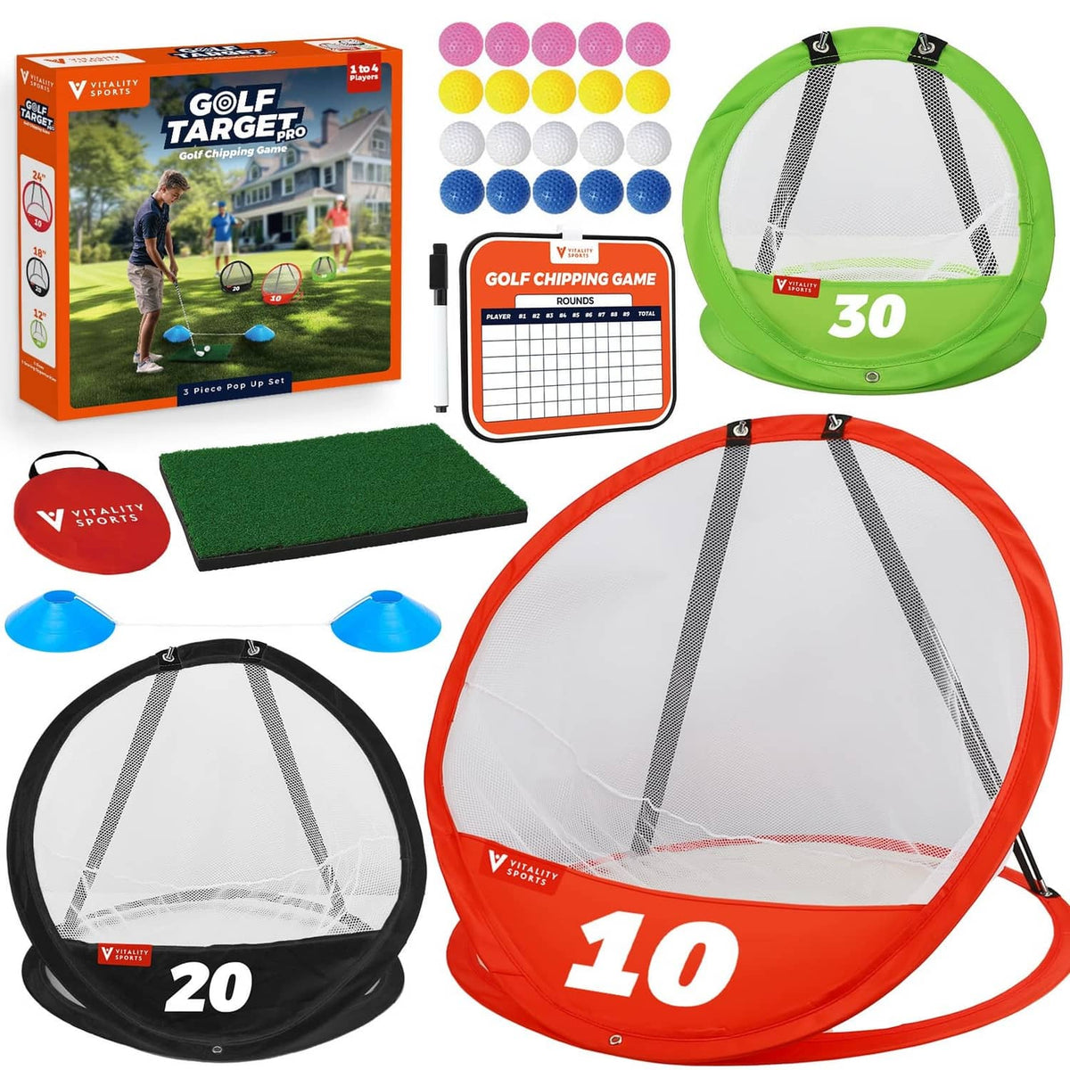 Golf chipping target net set with red, green, and black frames and 10/20/30 point targets