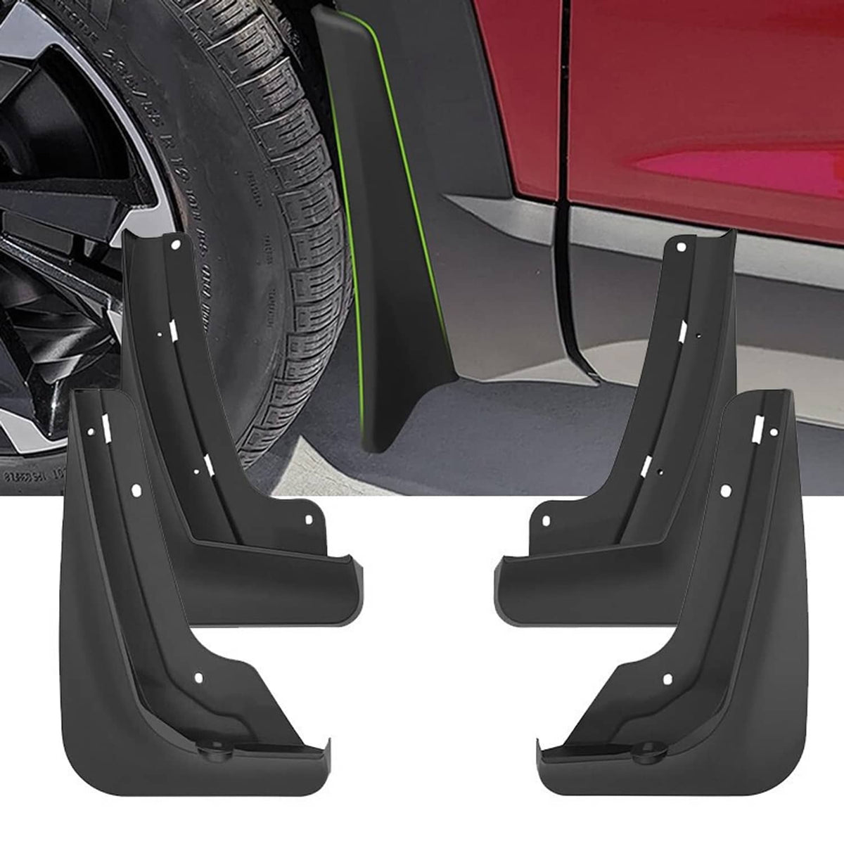 Pair of black mud flaps installed near front wheel with mounting brackets