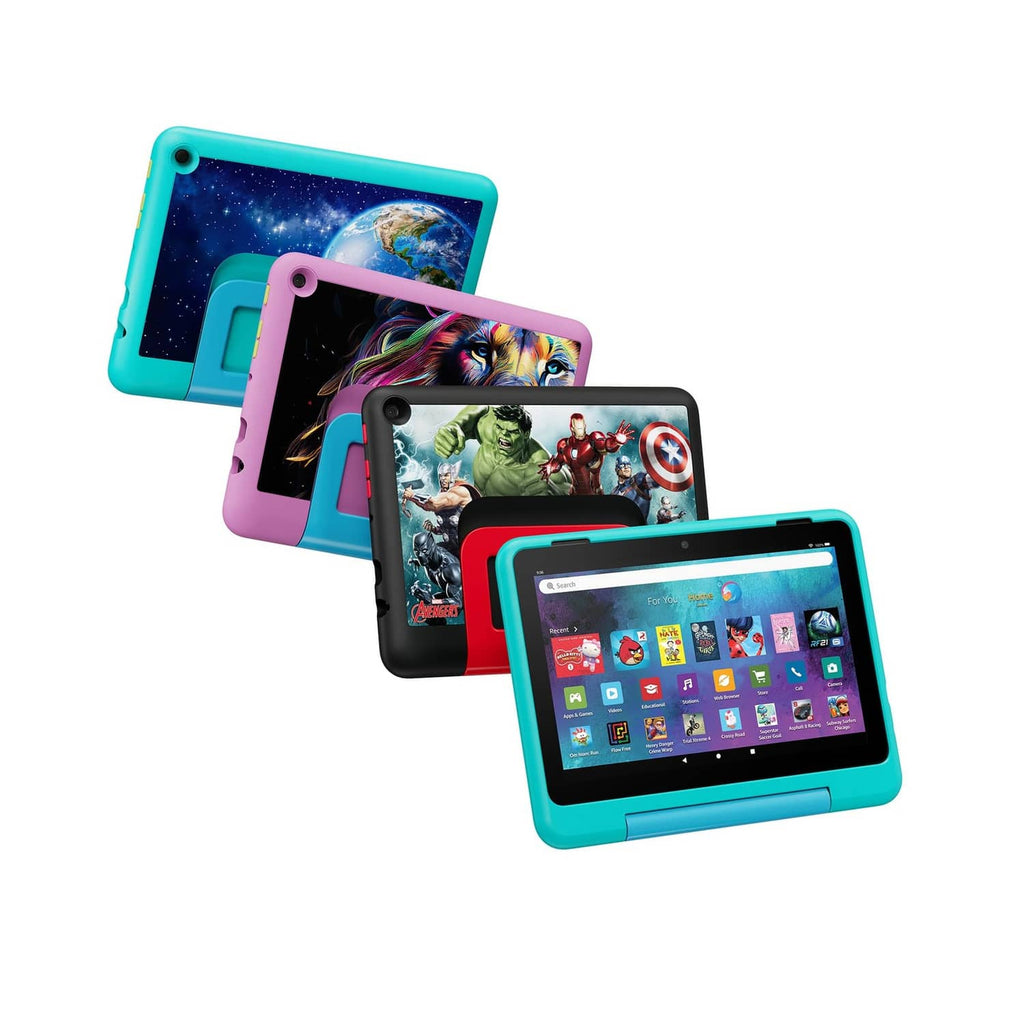 Kid tablet cases stack: teal, pink, and black covers with screen borders