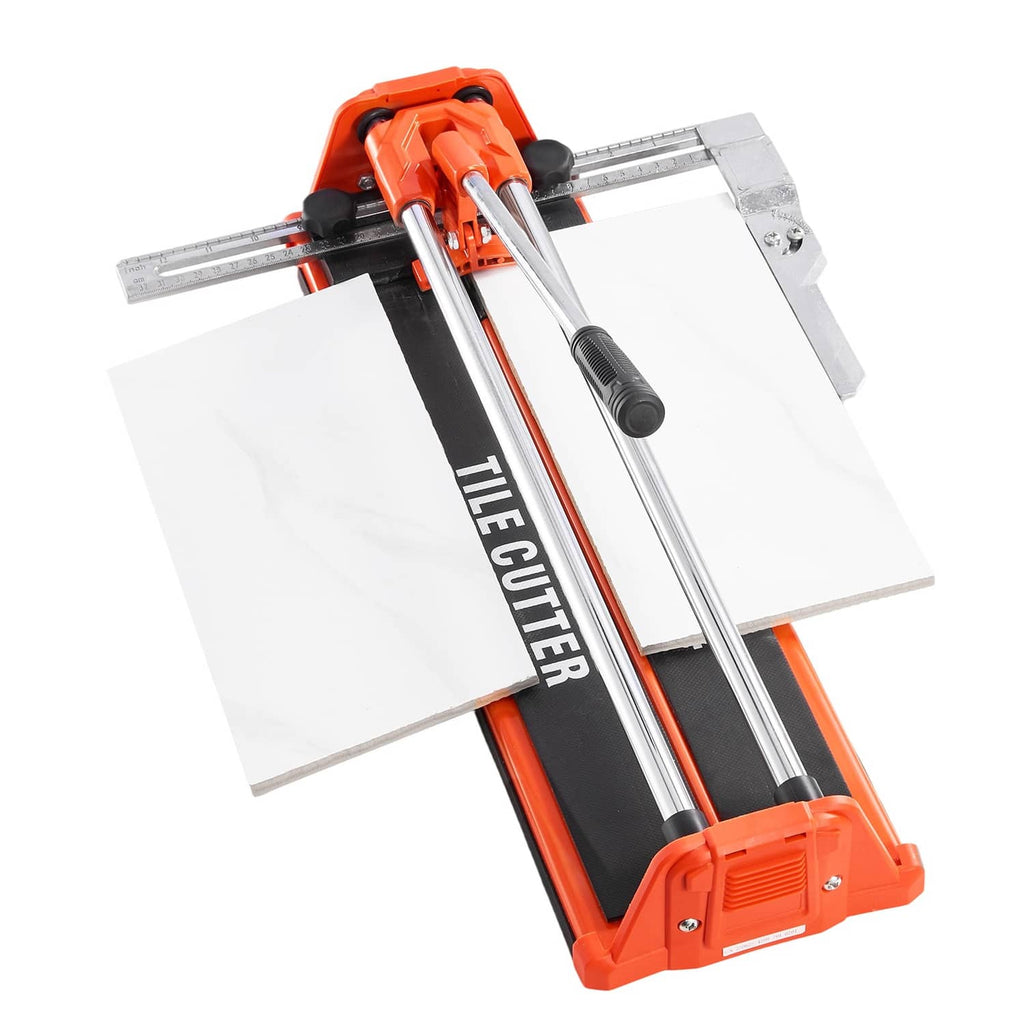 Manual tile cutter with dual rails and black handle, includes cutting guide for tiles