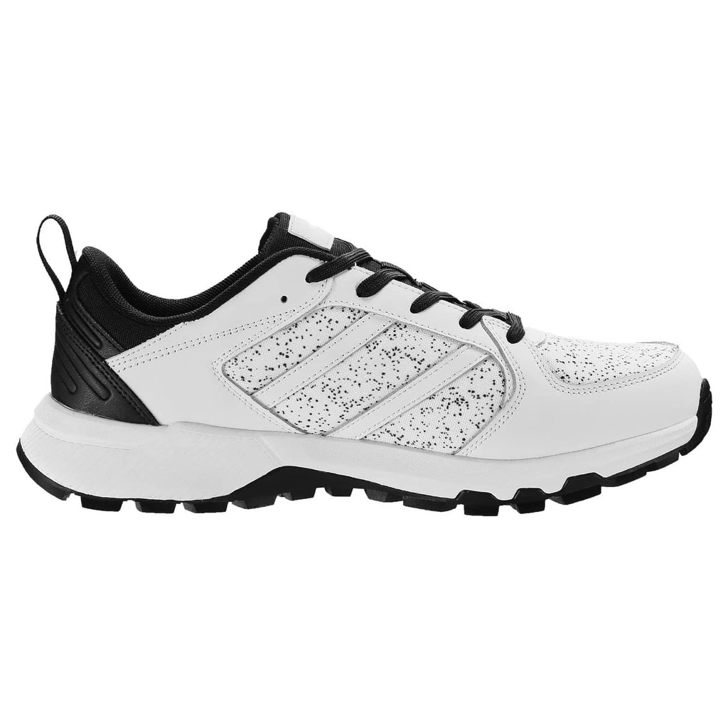 White and black lace-up cross training sneakers with cushioned collar and treaded outsole