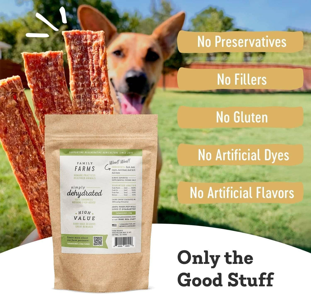 Duck jerky strips pouch with “No Preservatives, No Fillers” list and sliced treats