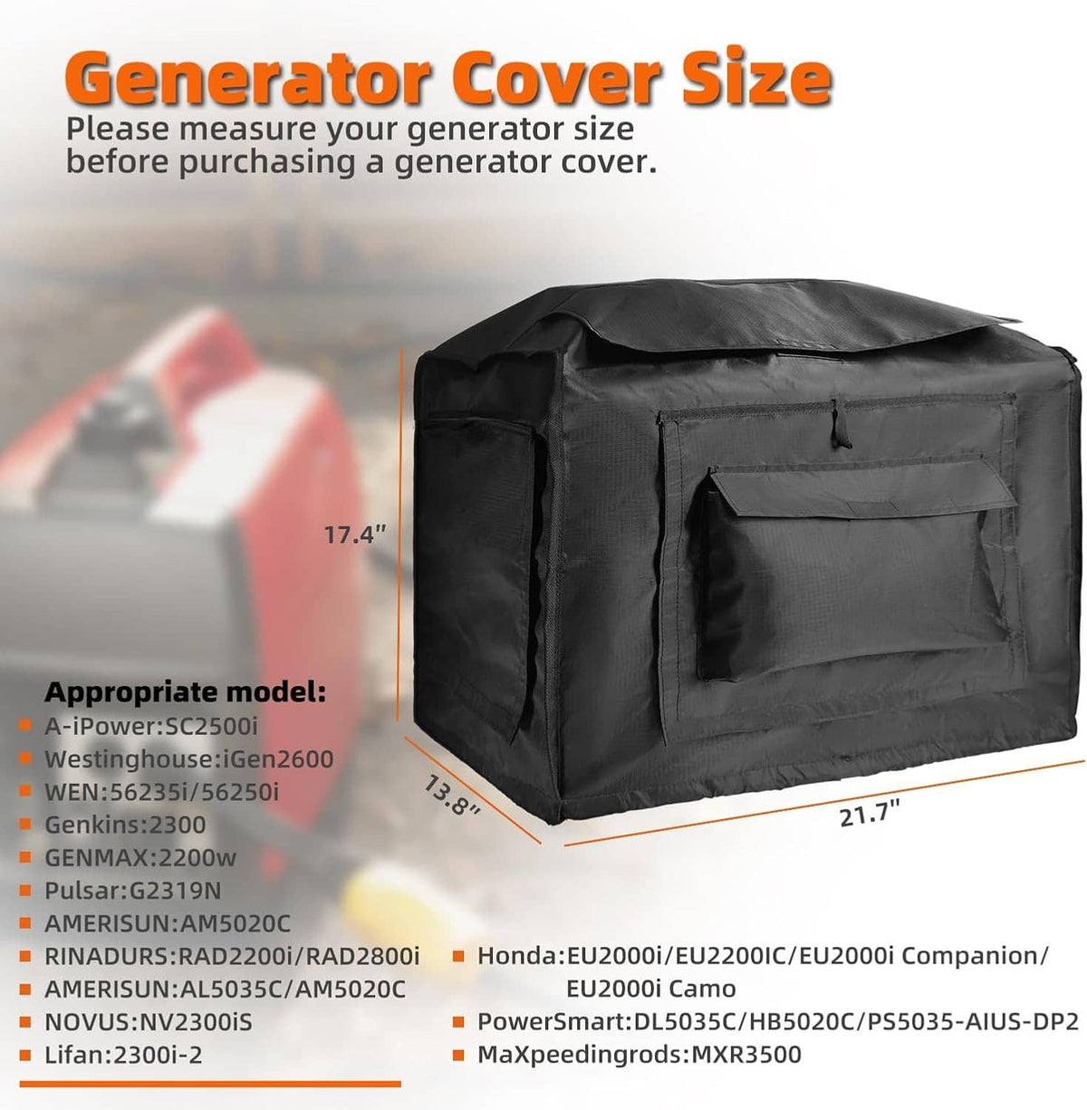 Black generator cover tent with front flap partially open and side access window