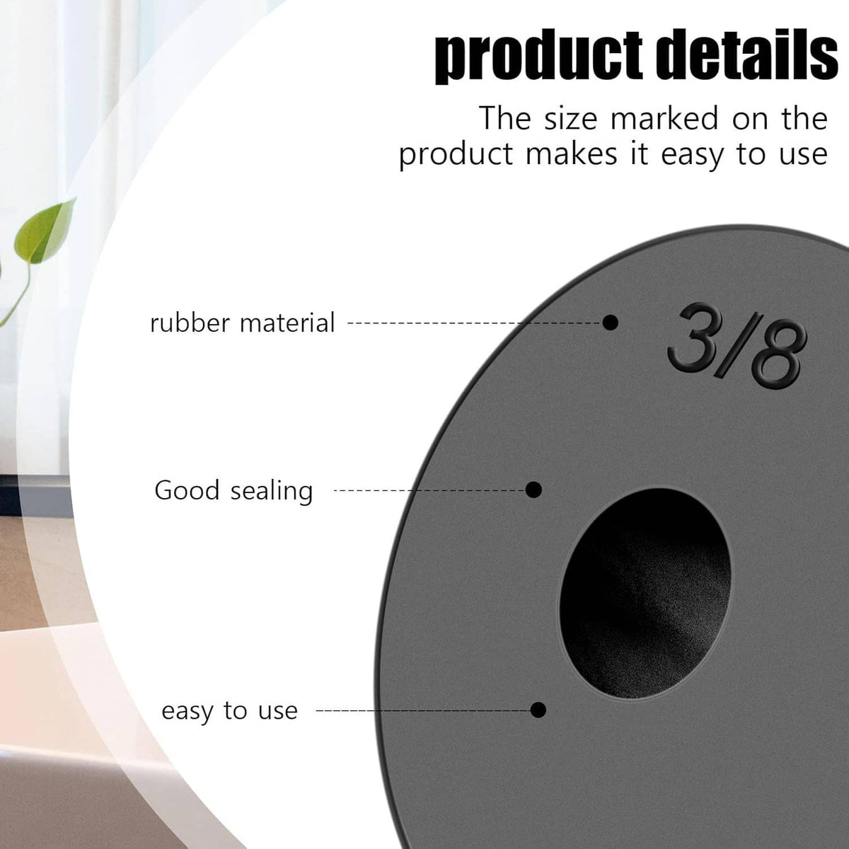 Black rubber faucet washer detail with size marking 3/8 in profile view