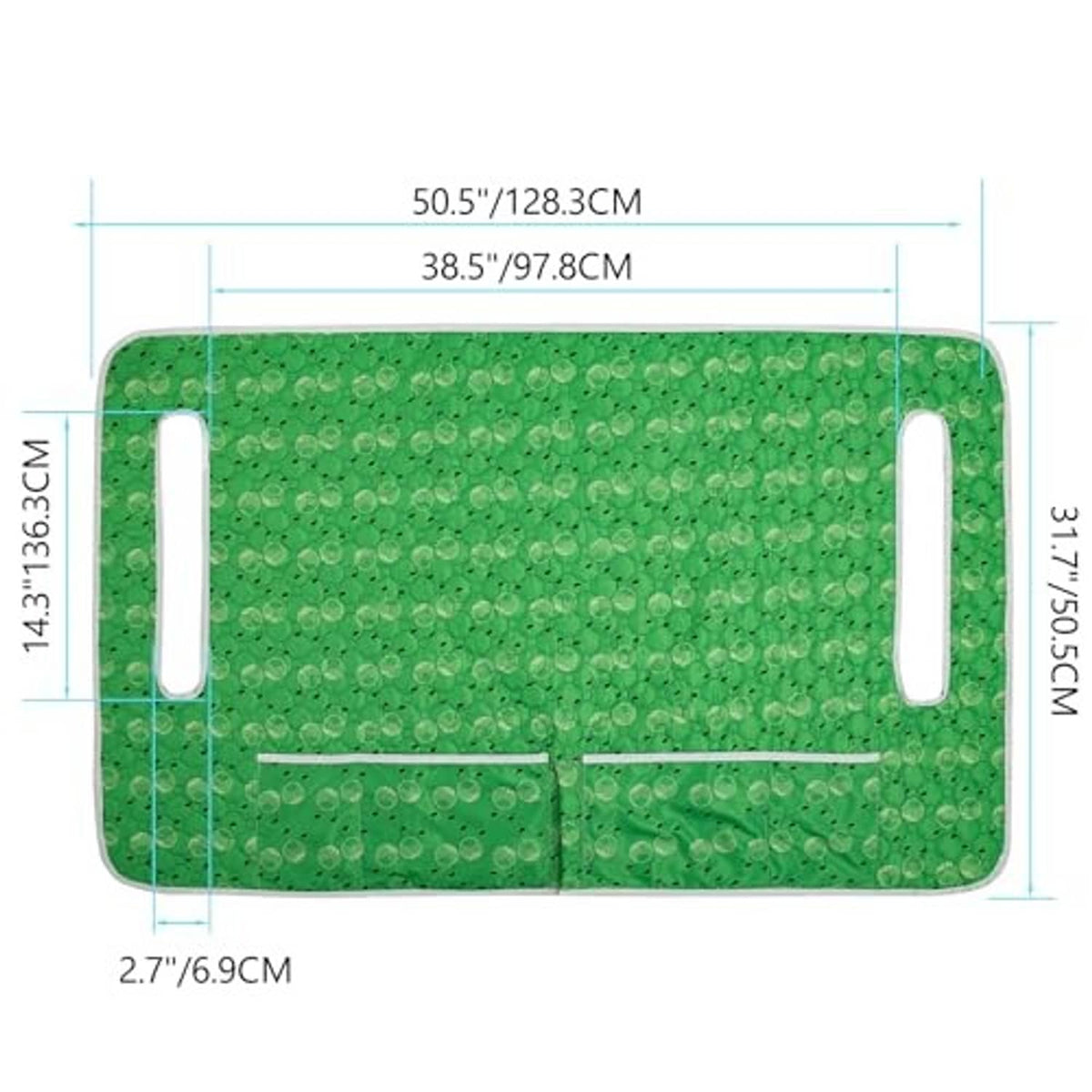 Green seat cover layout with handle cutouts and center strap guide lines