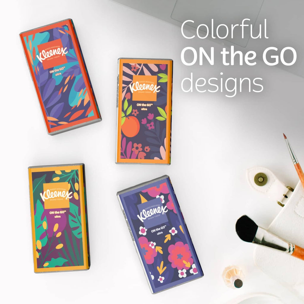 Colorful Kleenex On-the-go pocket tissue packs with assorted floral patterns