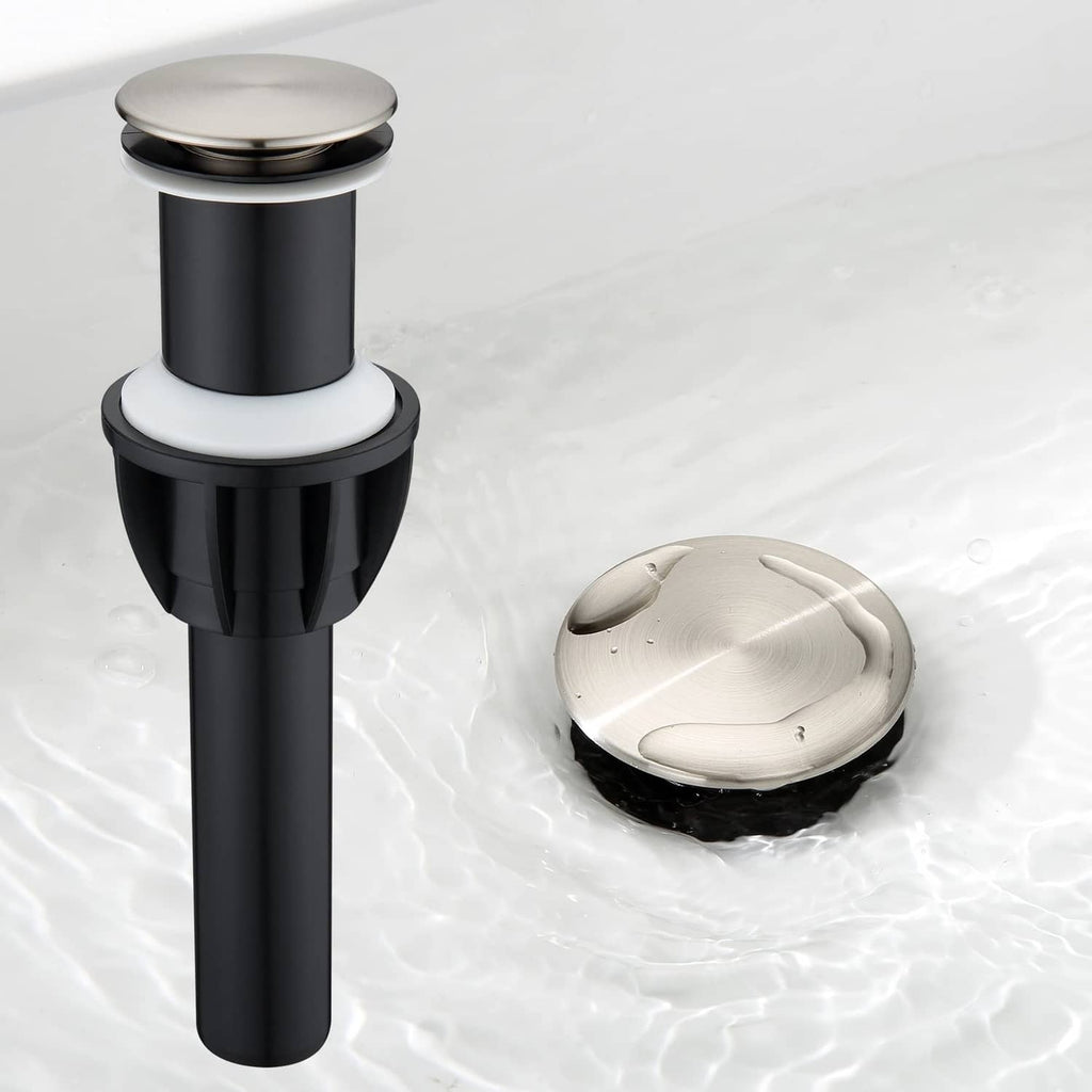 No-overflow vessel sink drain with brushed nickel pop-up top and black body