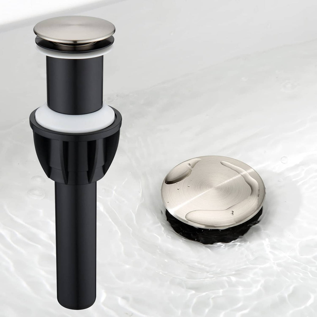 No-overflow vessel sink drain with brushed nickel pop-up top and black body