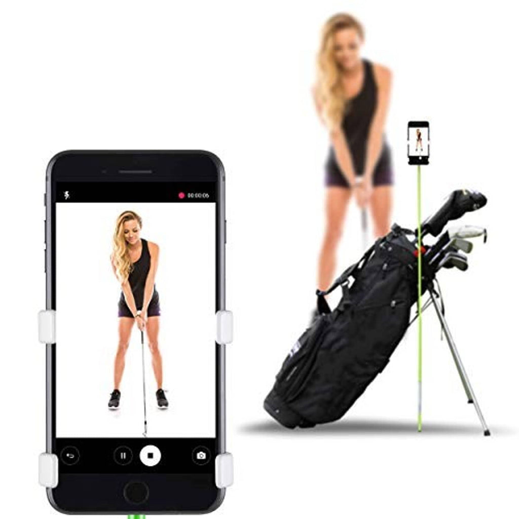 Golf swing analyzer phone clamp with alignment stick and tripod base